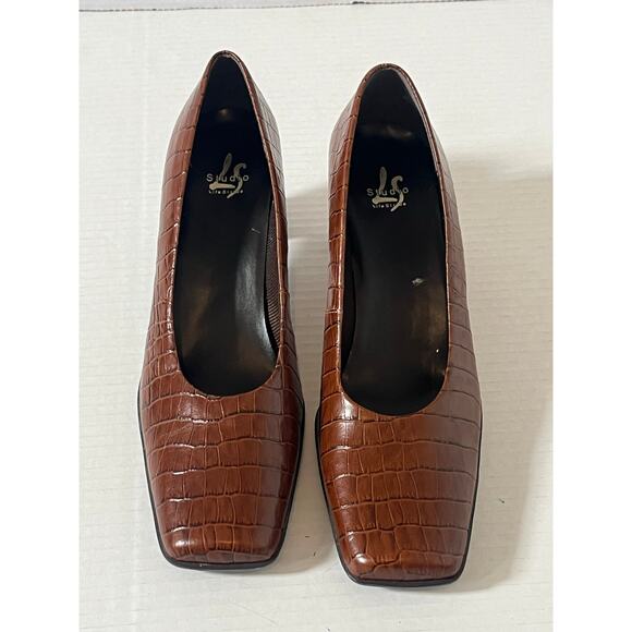 Women's LifeStride Studio Brown Croc Leather Embossed Heels Pumps Shoes Sz 9 - Picture 1 of 9
